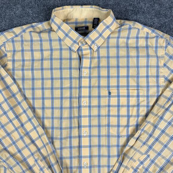 IZOD Button Down Shirt Mens Size XL Yellow Blue Plaid Long Sleeve Casual Cotton - Picture 1 of 8
